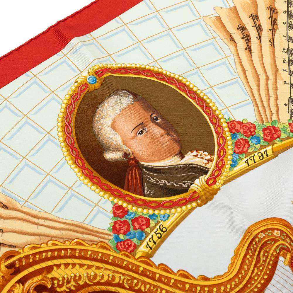 Hermès AB Hermès White with Red Silk Fabric Wolfgang Amadeus Mozart Scarf France