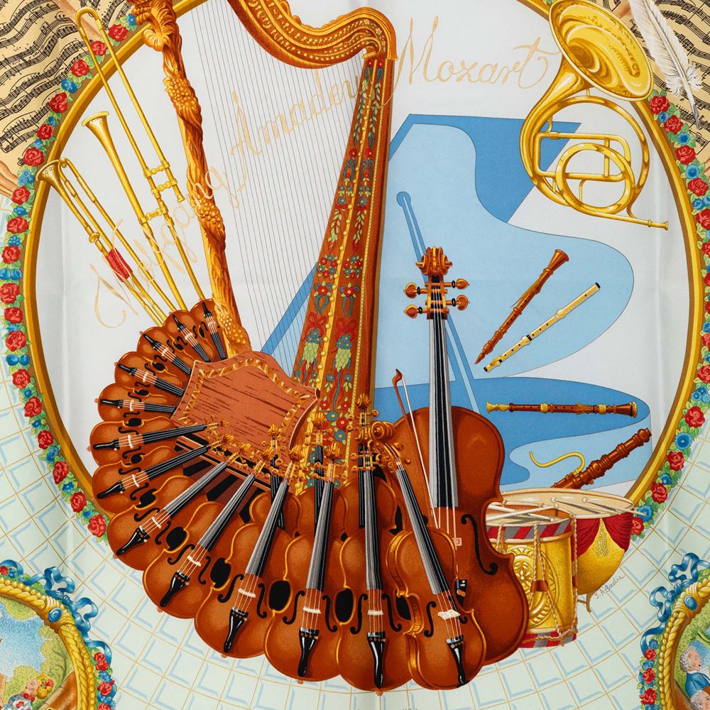 Hermès AB Hermès White with Red Silk Fabric Wolfgang Amadeus Mozart Scarf France