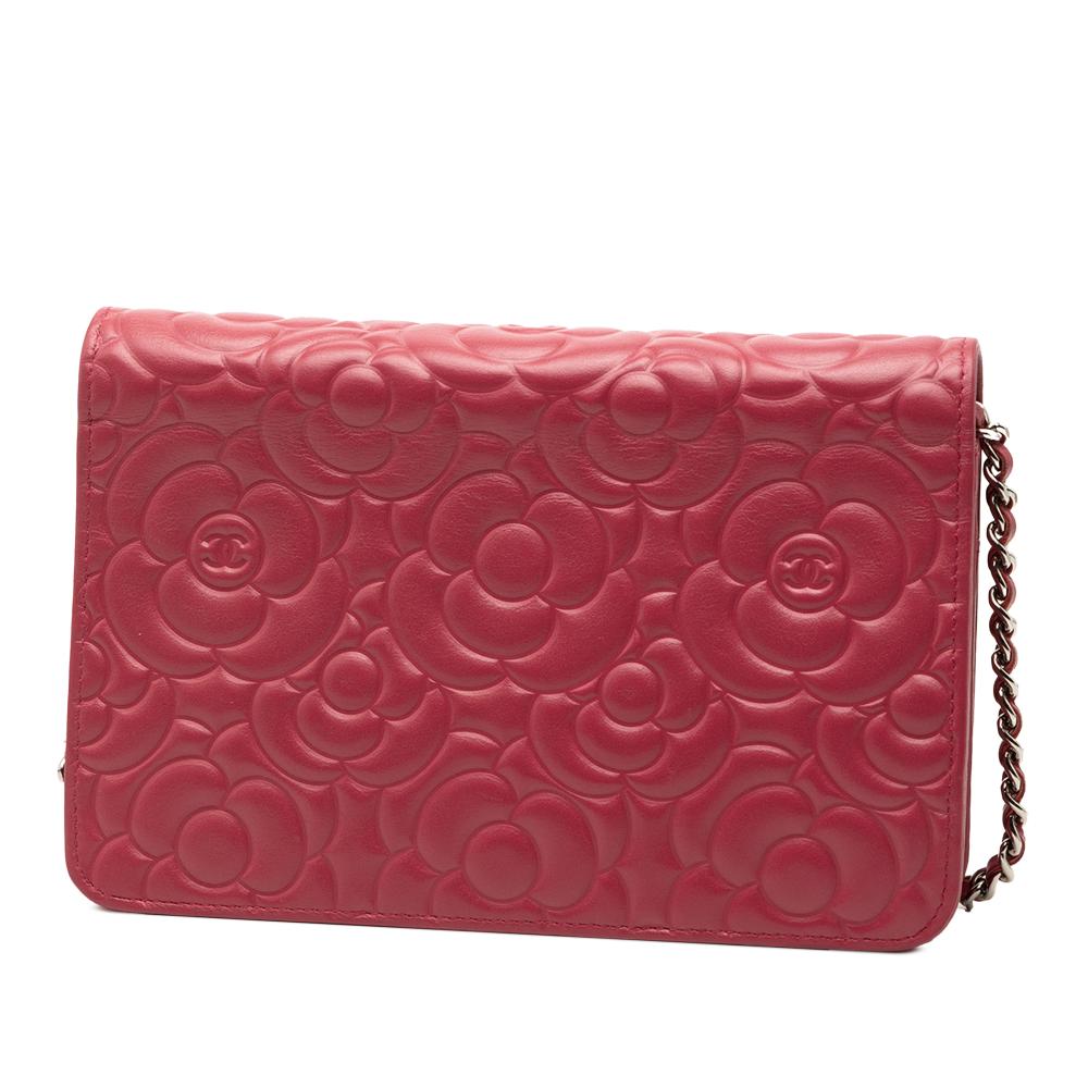 Chanel Pink Dark Pink Lambskin Leather Leather CC Embossed Lambskin Camellia Wallet On Chain Italy