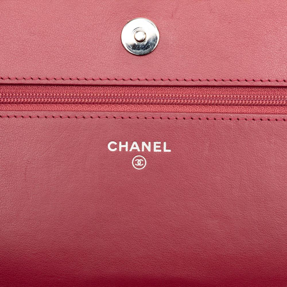 Chanel Pink Dark Pink Lambskin Leather Leather CC Embossed Lambskin Camellia Wallet On Chain Italy