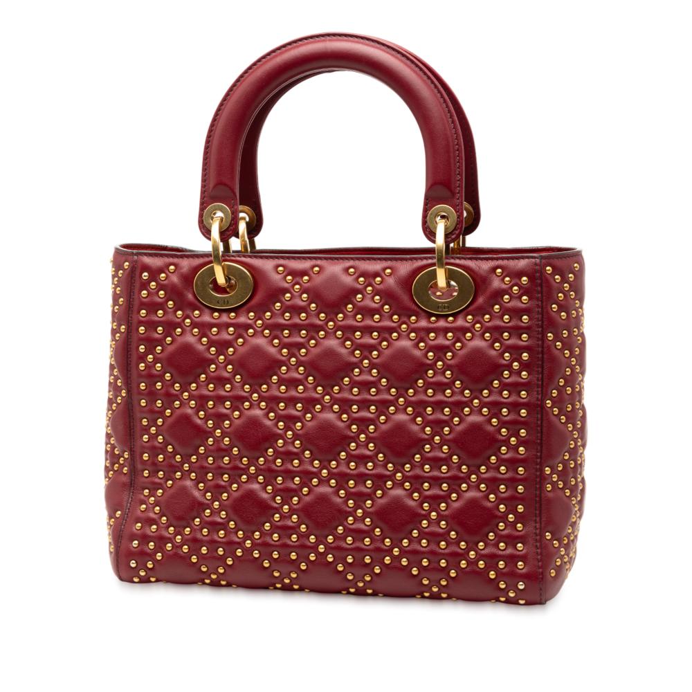 Christian Dior B Dior Red Dark Red Lambskin Leather Leather Medium Lambskin Cannage Studded Supple Lady Dior Italy