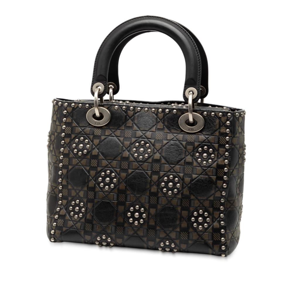 Christian Dior B Dior Black Calf Leather Medium skin Cannage Embossed Flower Studded Supple Lady Dior Italy