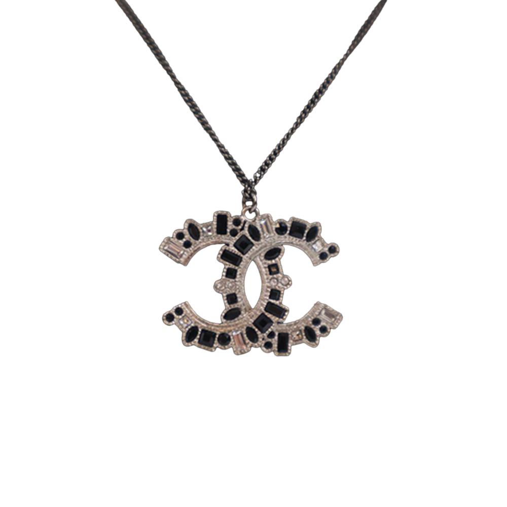 Chanel AB Chanel Silver with Black Silver Metal Ruthenium Plated CC Crystal Pendant Necklace France