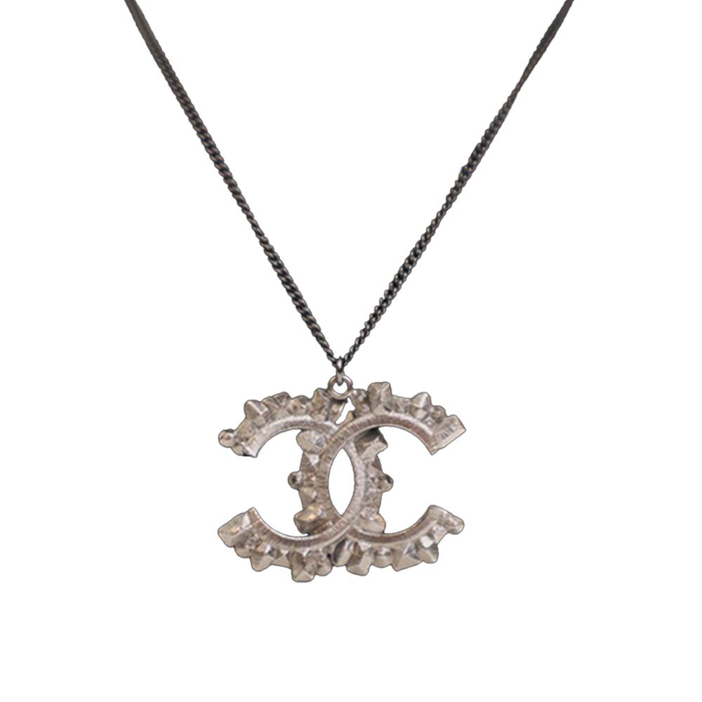 Chanel AB Chanel Silver with Black Silver Metal Ruthenium Plated CC Crystal Pendant Necklace France