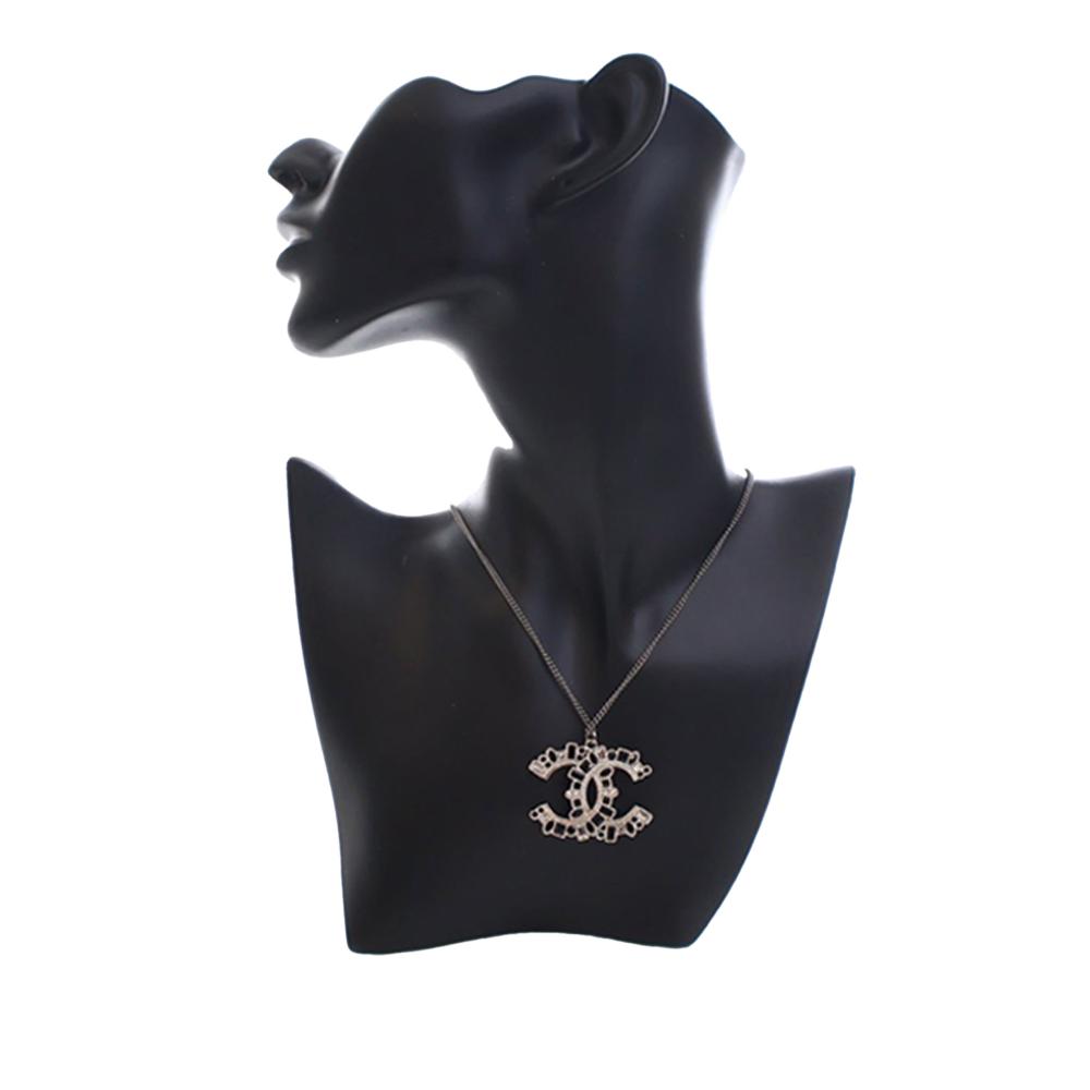 Chanel AB Chanel Silver with Black Silver Metal Ruthenium Plated CC Crystal Pendant Necklace France