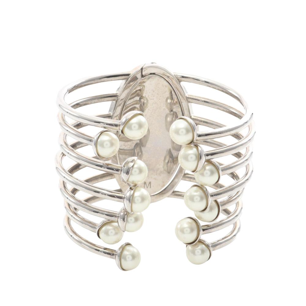Christian Dior B Dior Silver with White Pearl Palladium Metal Plated Faux Pearl Diorific Bangle Bracelet France