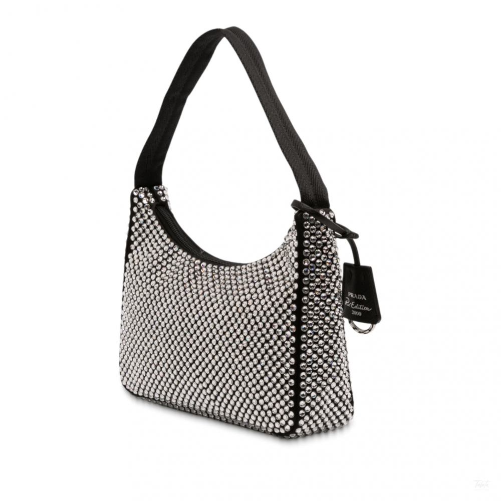 Prada Re-Edition 2000 Satin & Crystal Pouch Crossbody Black