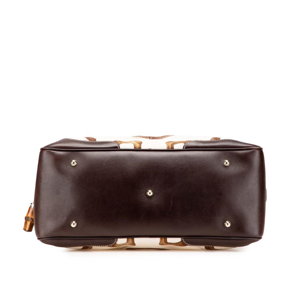 Gucci B Gucci White with Brown Dark Brown Canvas Fabric Printed Bamboo Horsebit Handbag Italy