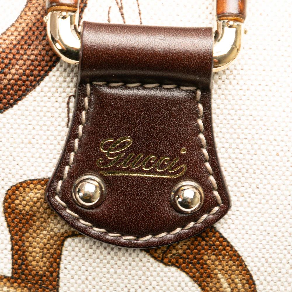 Gucci B Gucci White with Brown Dark Brown Canvas Fabric Printed Bamboo Horsebit Handbag Italy