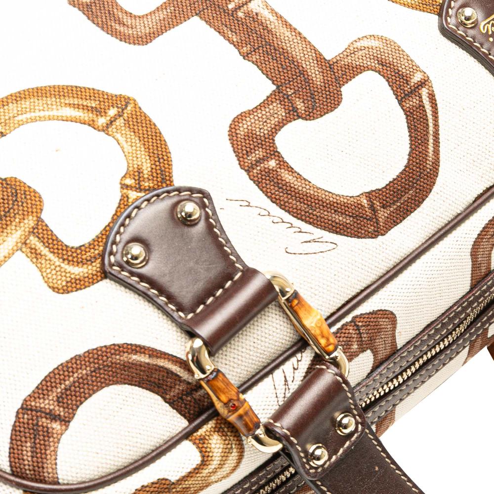 Gucci B Gucci White with Brown Dark Brown Canvas Fabric Printed Bamboo Horsebit Handbag Italy