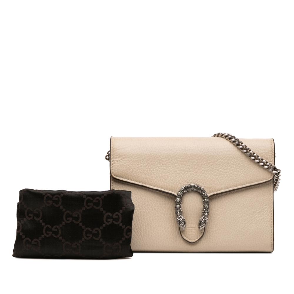 Gucci AB Gucci Brown Beige Calf Leather Mini Dionysus Wallet on Chain Italy