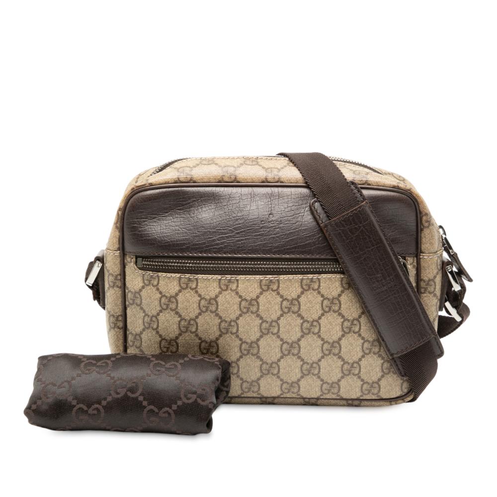 Gucci B Gucci Brown Beige Coated Canvas Fabric GG Supreme Crossbody Italy