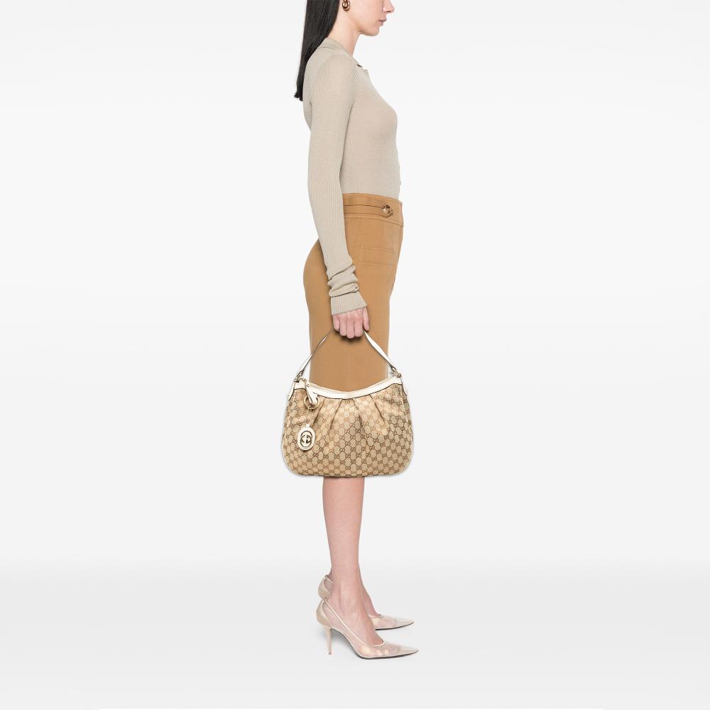 Gucci B Gucci Brown Beige Canvas Fabric GG Sukey Shoulder Bag Italy