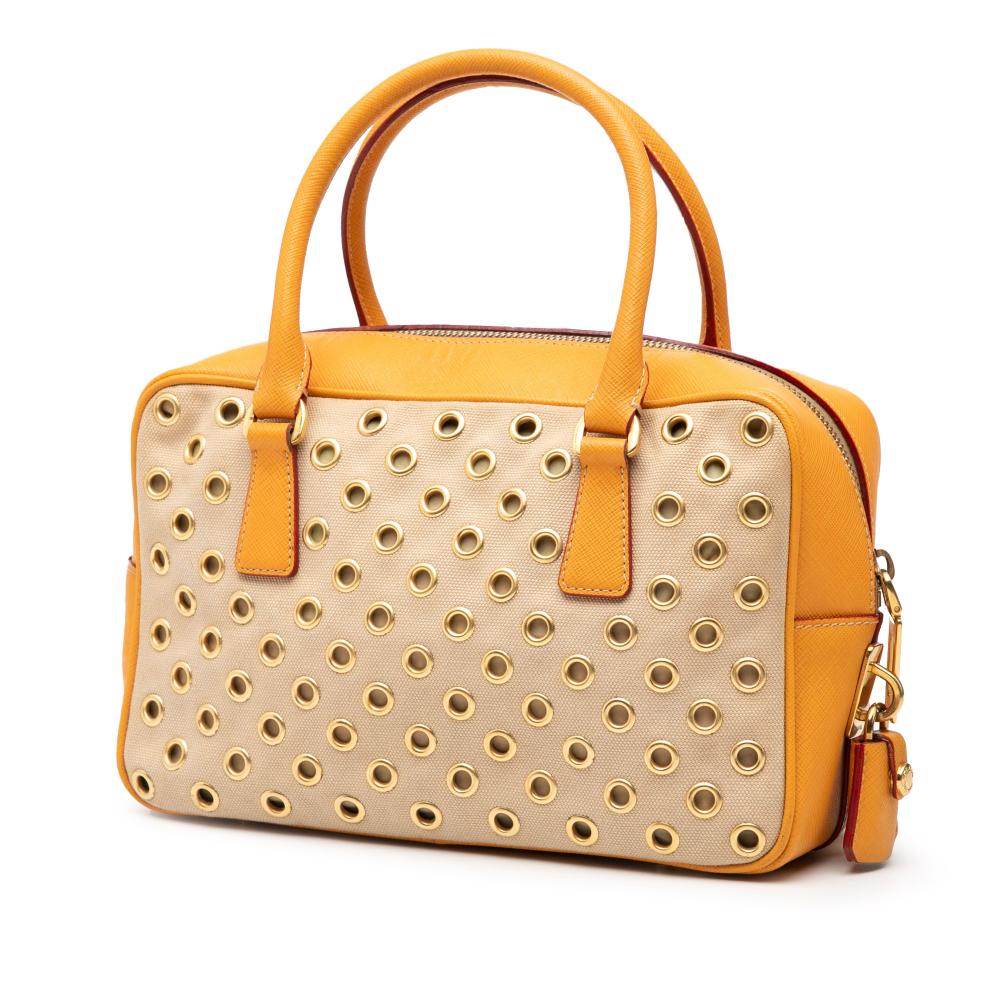 Prada B Prada Brown Beige Canvas Fabric Small Saffiano Trimmed Grommet Bauletto Bag Italy