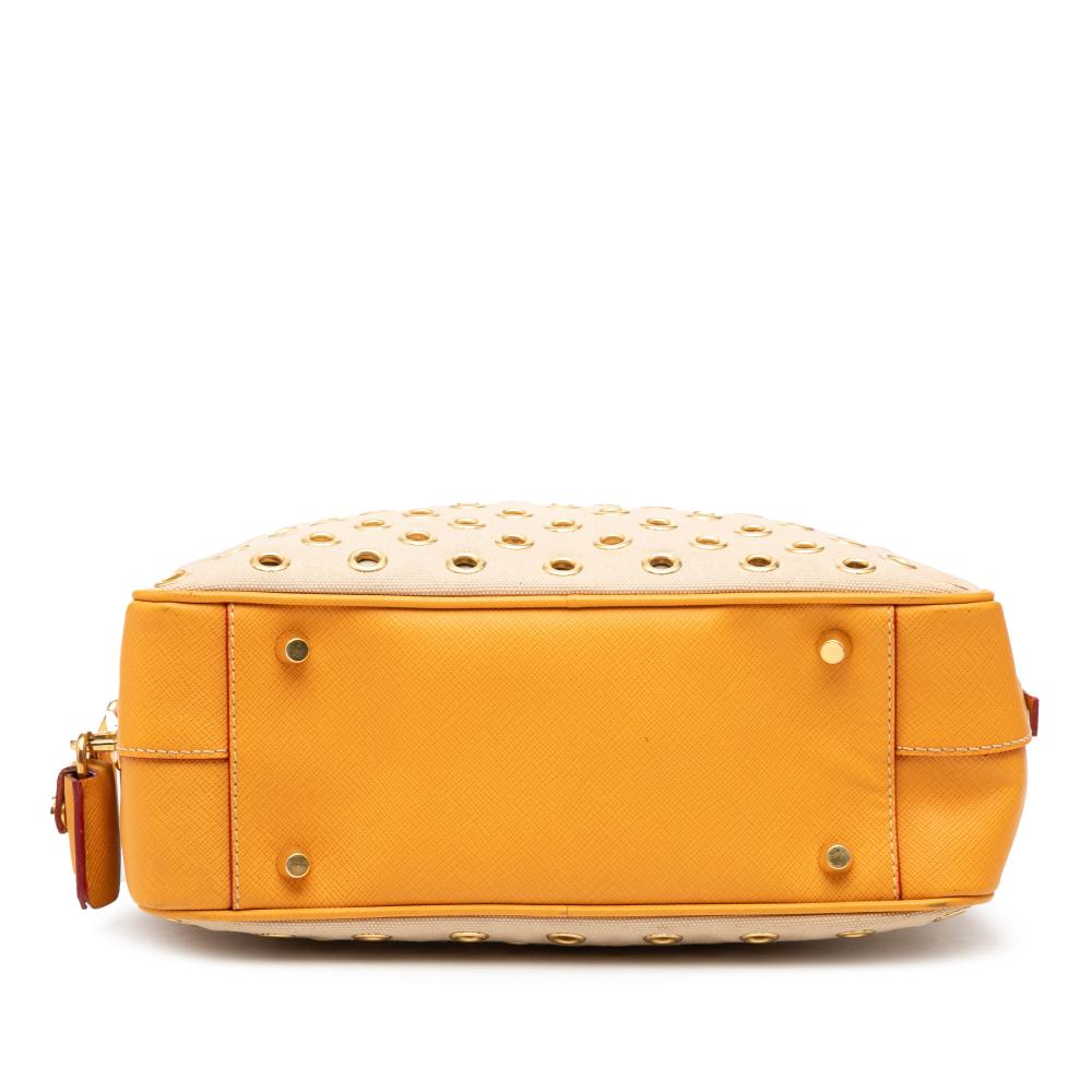 Prada B Prada Brown Beige Canvas Fabric Small Saffiano Trimmed Grommet Bauletto Bag Italy