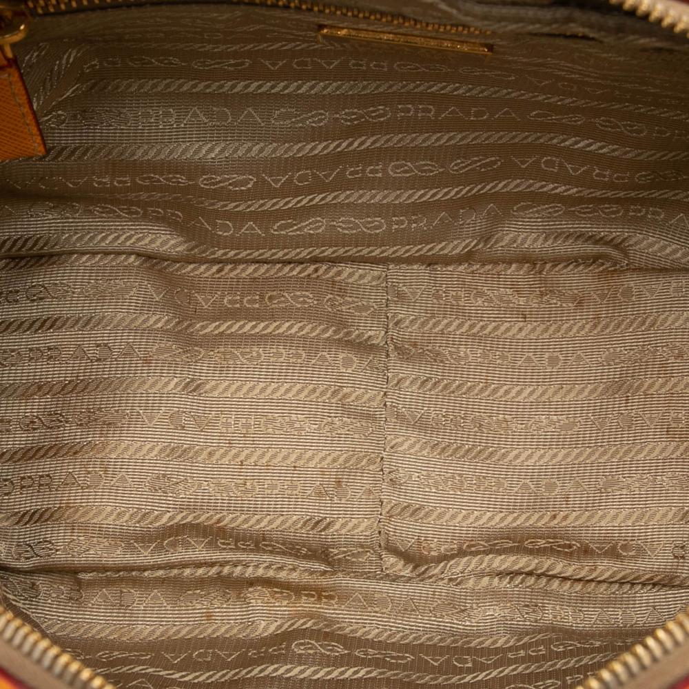 Prada B Prada Brown Beige Canvas Fabric Small Saffiano Trimmed Grommet Bauletto Bag Italy