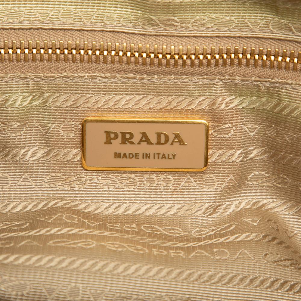 Prada B Prada Brown Beige Canvas Fabric Small Saffiano Trimmed Grommet Bauletto Bag Italy