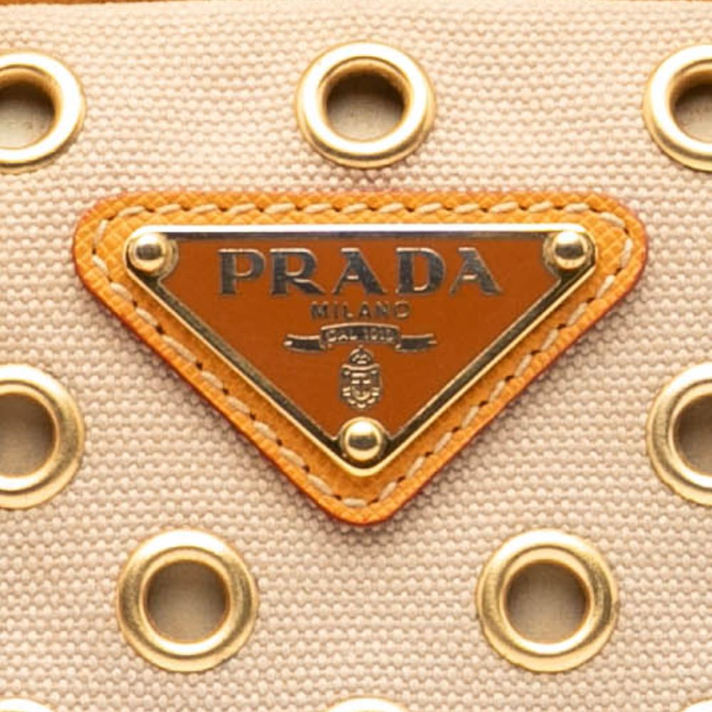Prada B Prada Brown Beige Canvas Fabric Small Saffiano Trimmed Grommet Bauletto Bag Italy