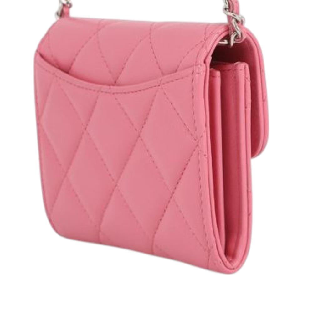 Chanel AB Chanel Pink Lambskin Leather Leather CC Quilted Lambskin Flap Card Holder on Chain Spain