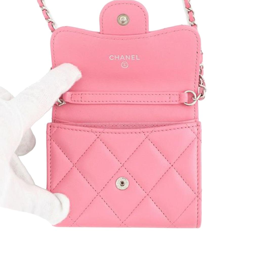 Chanel AB Chanel Pink Lambskin Leather Leather CC Quilted Lambskin Flap Card Holder on Chain Spain