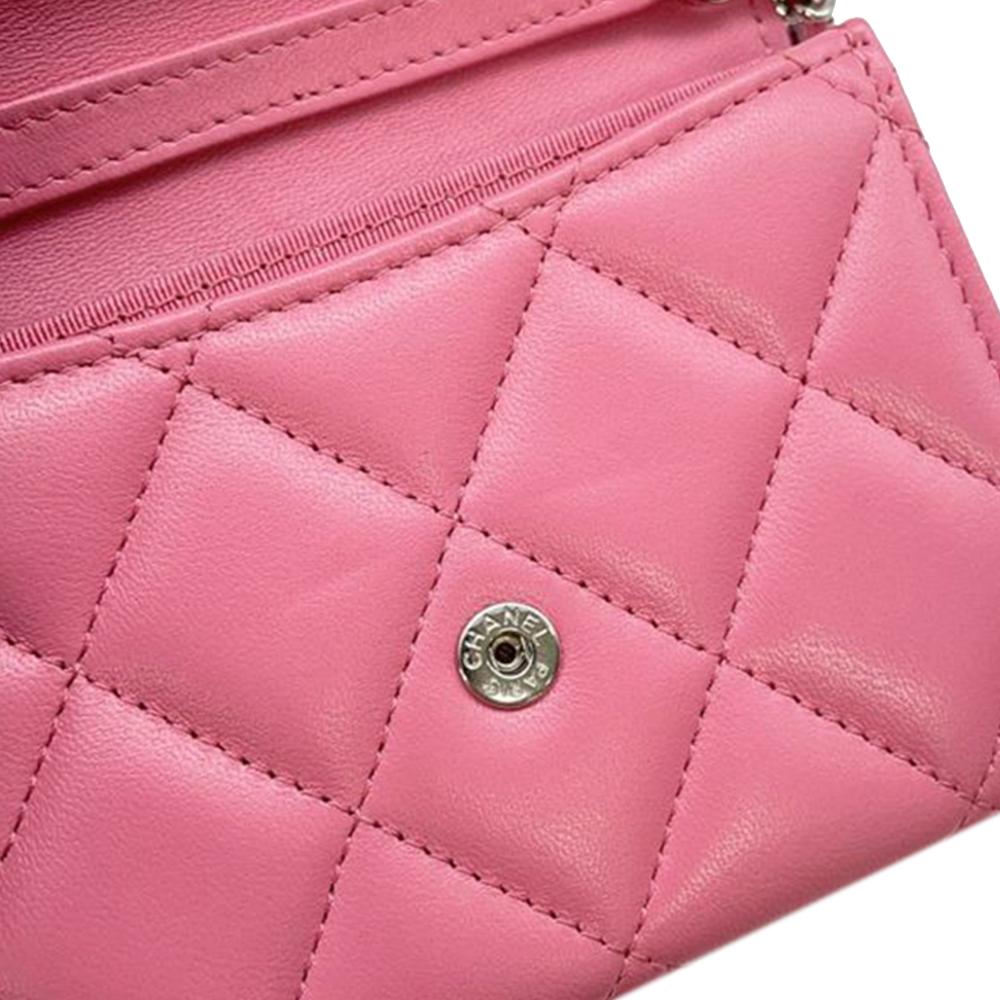 Chanel AB Chanel Pink Lambskin Leather Leather CC Quilted Lambskin Flap Card Holder on Chain Spain