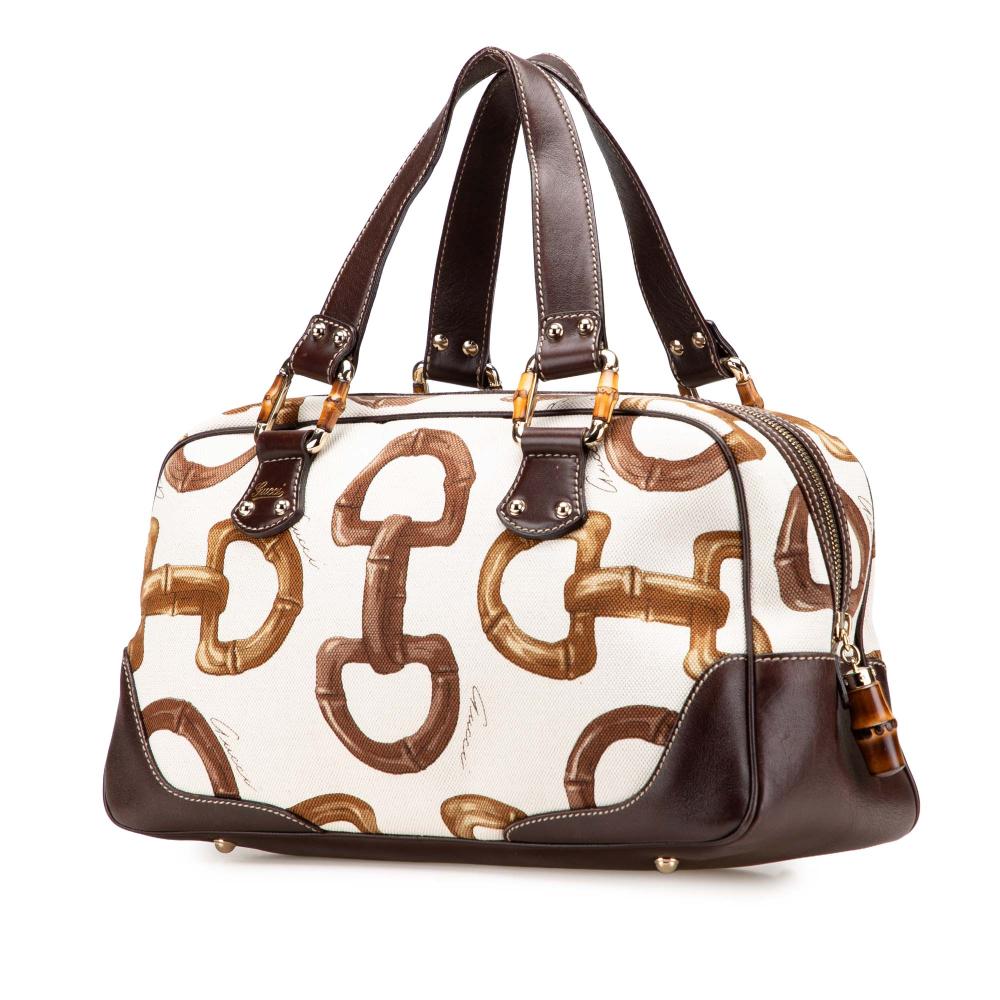 Gucci B Gucci White with Brown Dark Brown Canvas Fabric Printed Bamboo Horsebit Handbag Italy