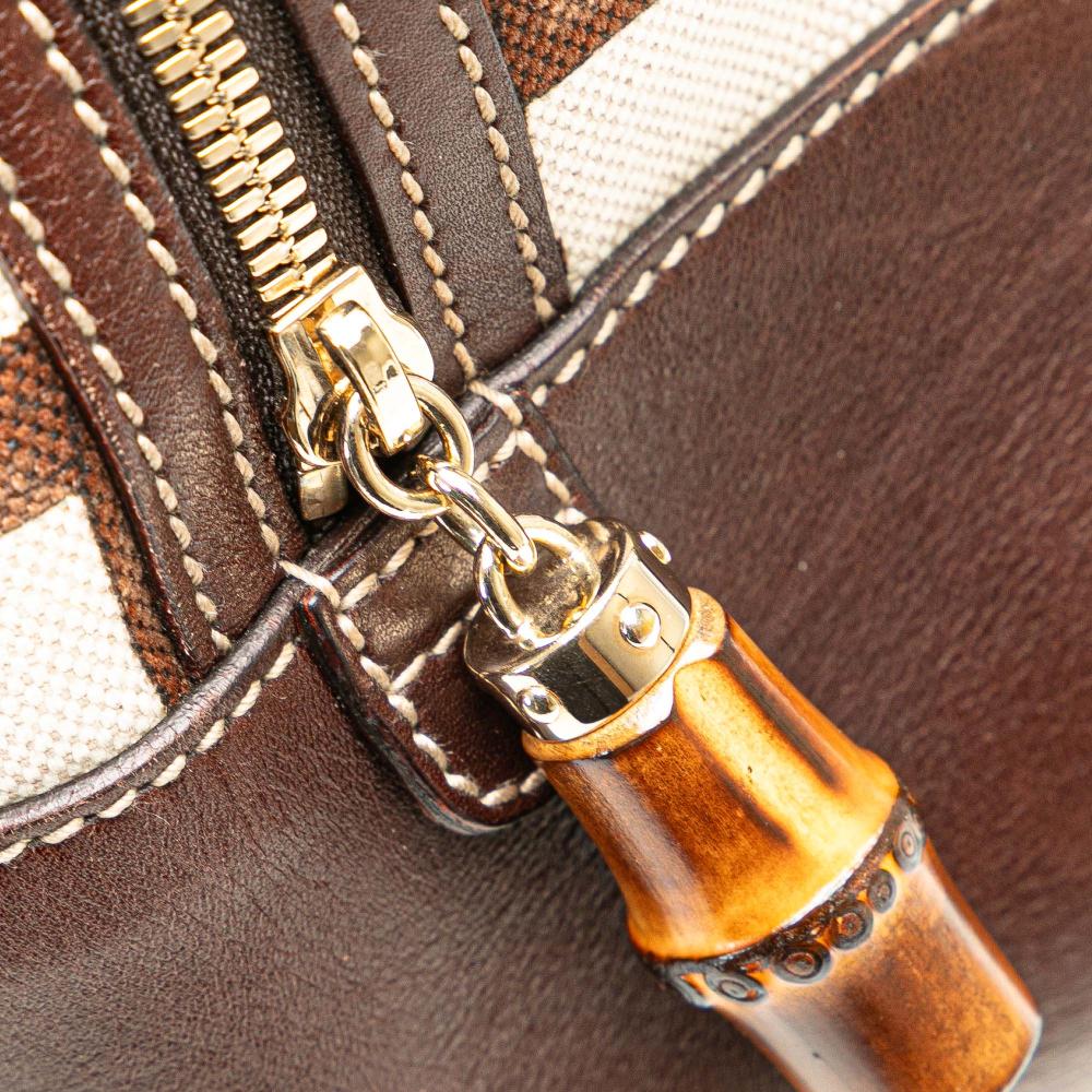 Gucci B Gucci White with Brown Dark Brown Canvas Fabric Printed Bamboo Horsebit Handbag Italy