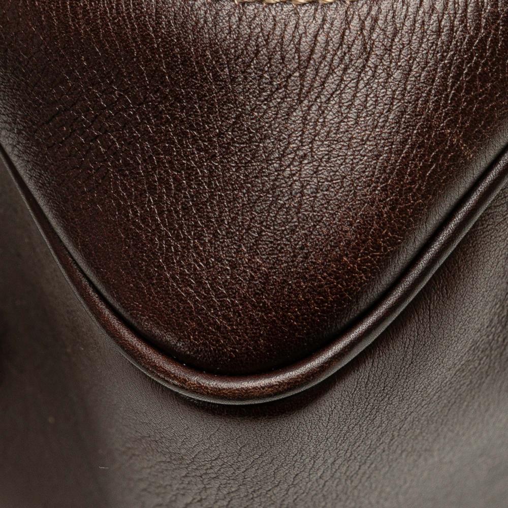 Gucci B Gucci White with Brown Dark Brown Canvas Fabric Printed Bamboo Horsebit Handbag Italy