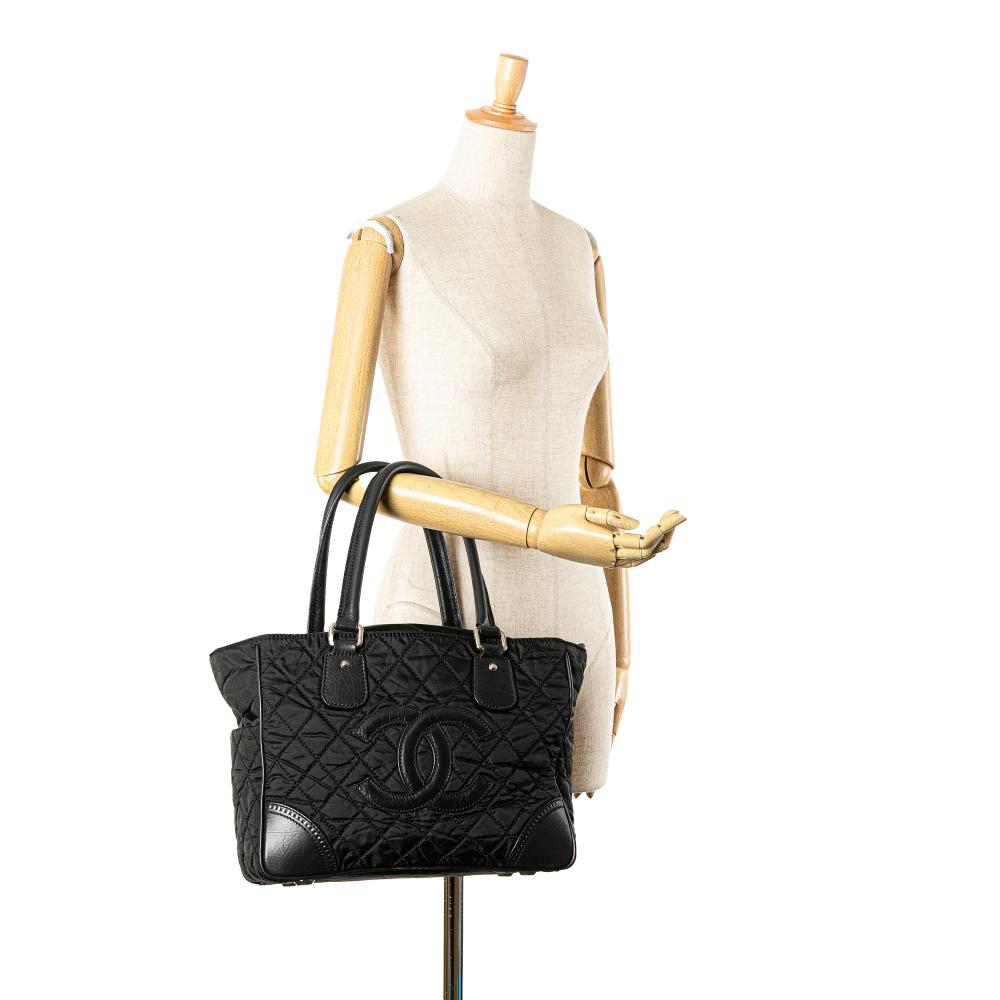 Chanel B Chanel Black Nylon Fabric Paris New York Quilted Tote Italy