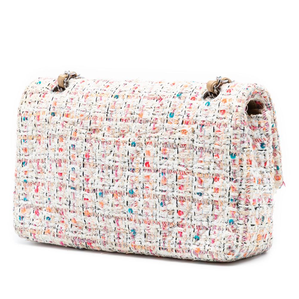Chanel B Chanel White with Multi Tweed Fabric Medium Classic Double Flap France