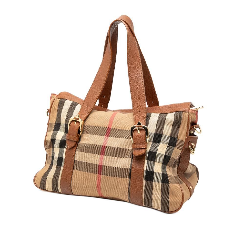 Burberry B Burberry Brown Light Brown Canvas Fabric Leather Trimmed House Check Handbag Italy