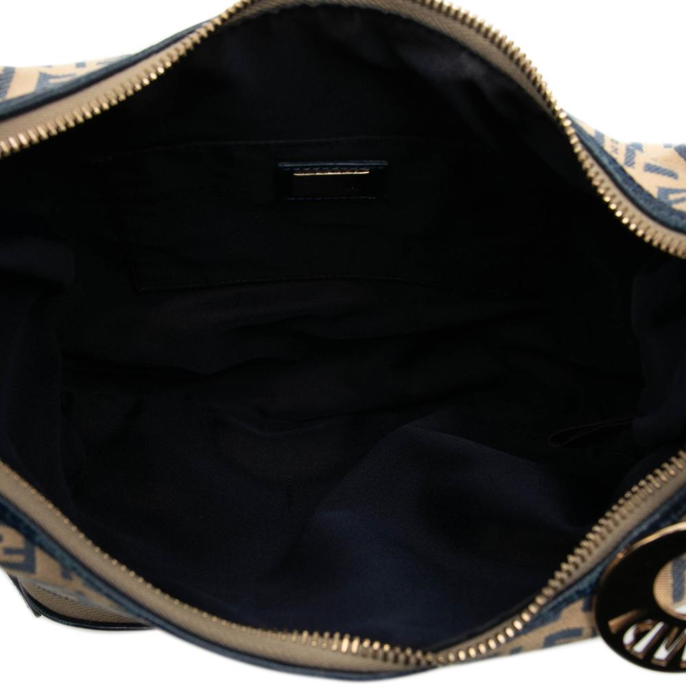 Fendi B Fendi Brown Beige with Blue Navy Canvas Fabric Zucchino Chef Pocket Hobo Italy
