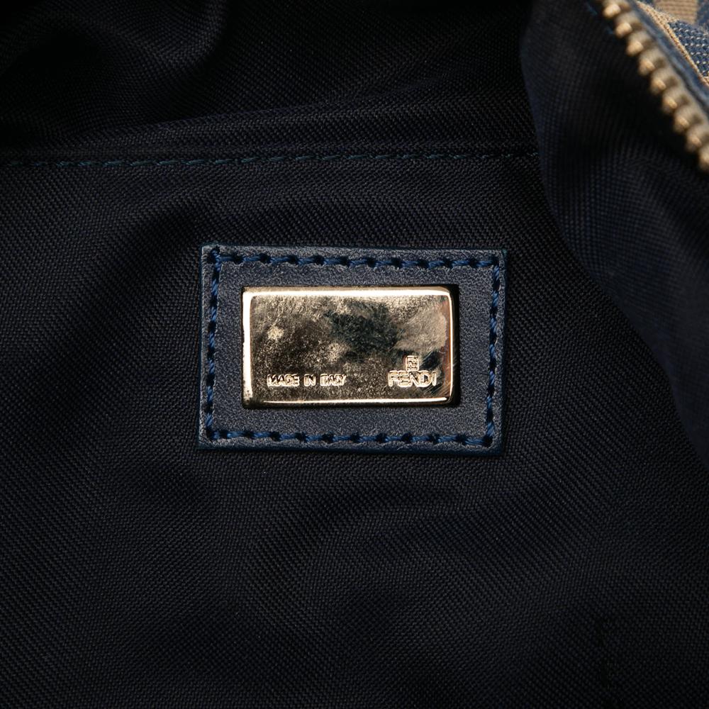 Fendi B Fendi Brown Beige with Blue Navy Canvas Fabric Zucchino Chef Pocket Hobo Italy