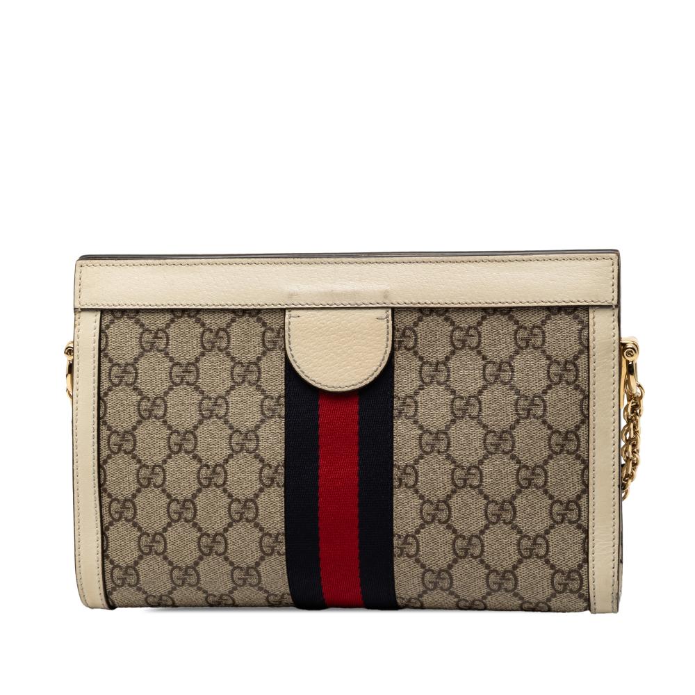 Gucci B Gucci Brown Beige Coated Canvas Fabric Small GG Supreme Web Ophidia Chain Crossbody Italy