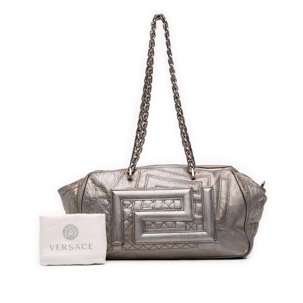 Versace B Versace Silver Calf Leather Quilted Metallic Chain Shoulder Bag Italy