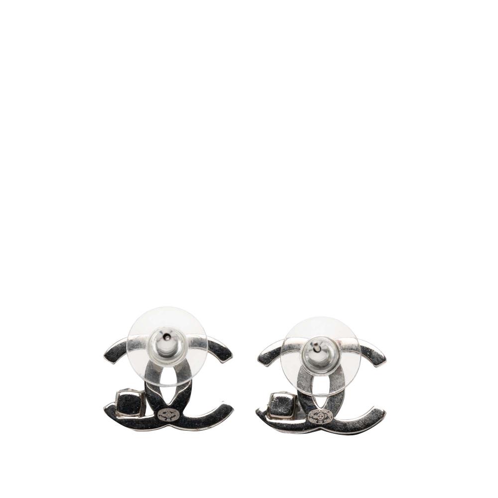 Chanel B Chanel Silver Silver Plated Metal CC Rhinestone Push Back Earrings Italy