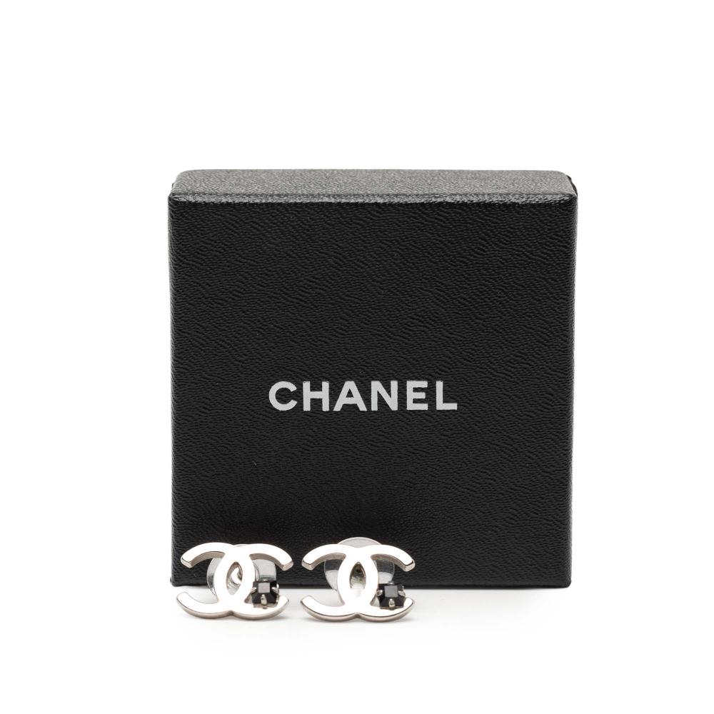 Chanel B Chanel Silver Silver Plated Metal CC Rhinestone Push Back Earrings Italy