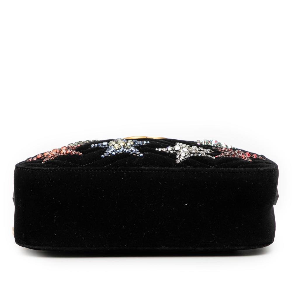 Gucci B Gucci Black Velvet Fabric Small GG Marmont Matelasse Crystal Stars Crossbody Italy