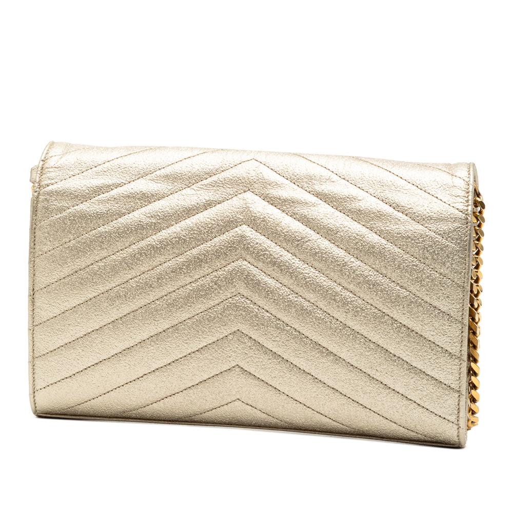 Saint Laurent Gold Metallic Grain De Poudre Matelasse Chevron Monogram Chain Wallet Italy