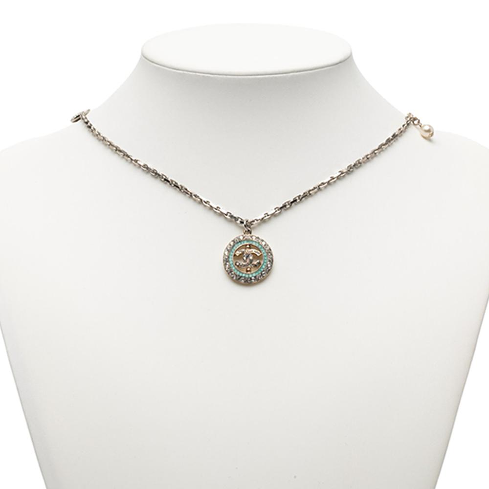 Chanel Silver Silver Plated Metal CC and Gold Plated Faux Pearl Rhinestone Pendant Necklace France