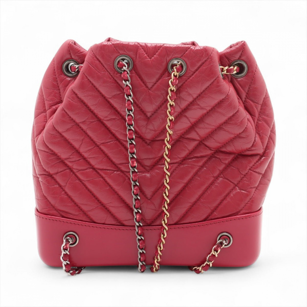 Chanel Gabrielle Matelassè Distressed Calfskin Leather 2-Ways Bucket Backpack Cherry Red