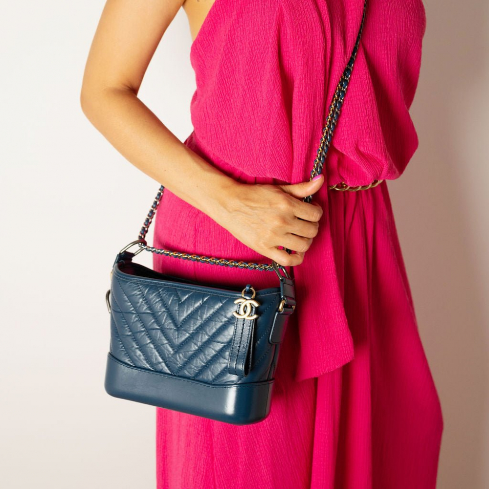 Chanel Gabrielle Small Lambskin Leather Chevron Shoulder Bag Blue