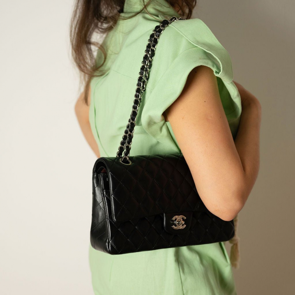 Chanel Classic Double Flap Medium Lambskin Leather Matelassè Shoulder Bag Black