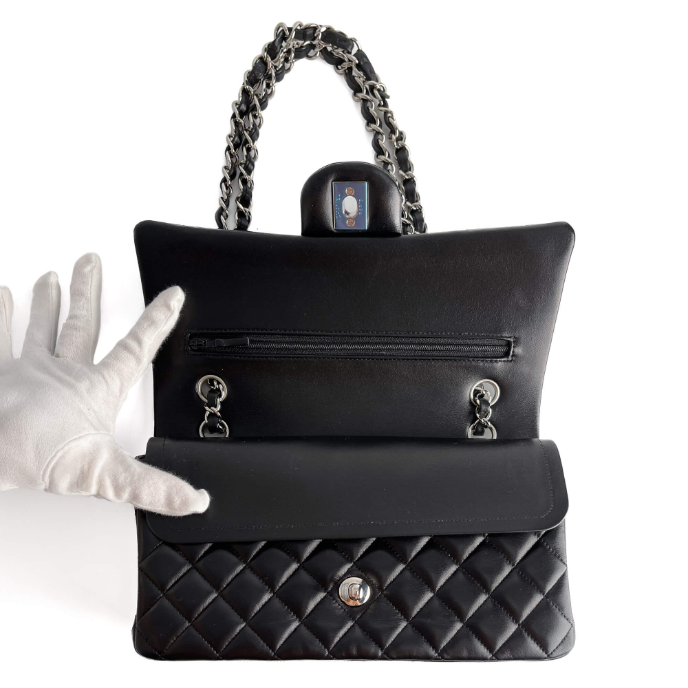 Chanel Classic Double Flap Medium Lambskin Leather Matelassè Shoulder Bag Black