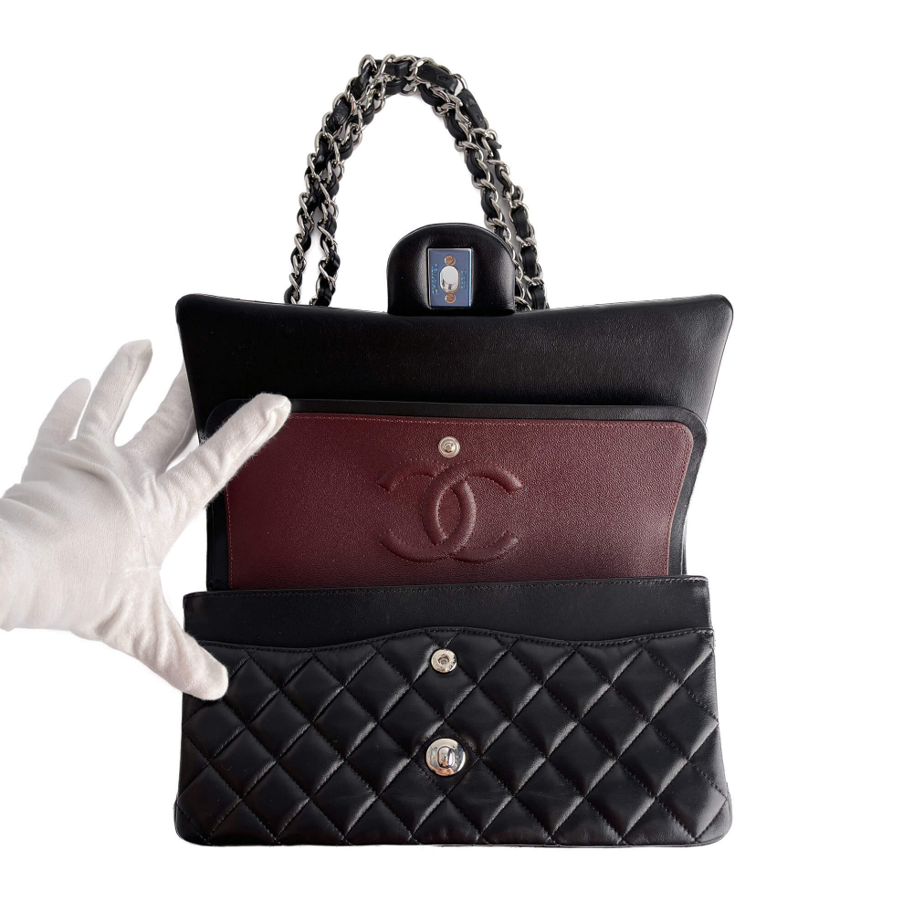 Chanel Classic Double Flap Medium Lambskin Leather Matelassè Shoulder Bag Black