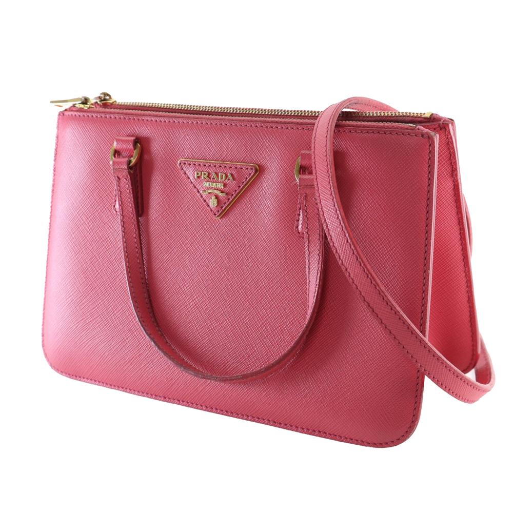 Prada AB Prada Pink Saffiano Leather Mini Lux Galleria Double Zip Satchel Italy