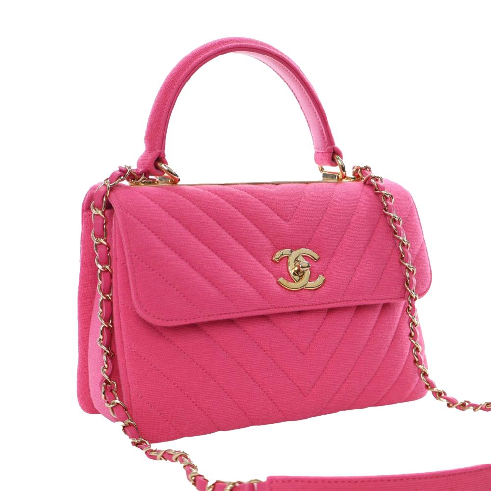 Chanel A Chanel Pink Hot Pink Cotton Fabric Small Chevron Jersey Trendy CC Top Handle Flap France