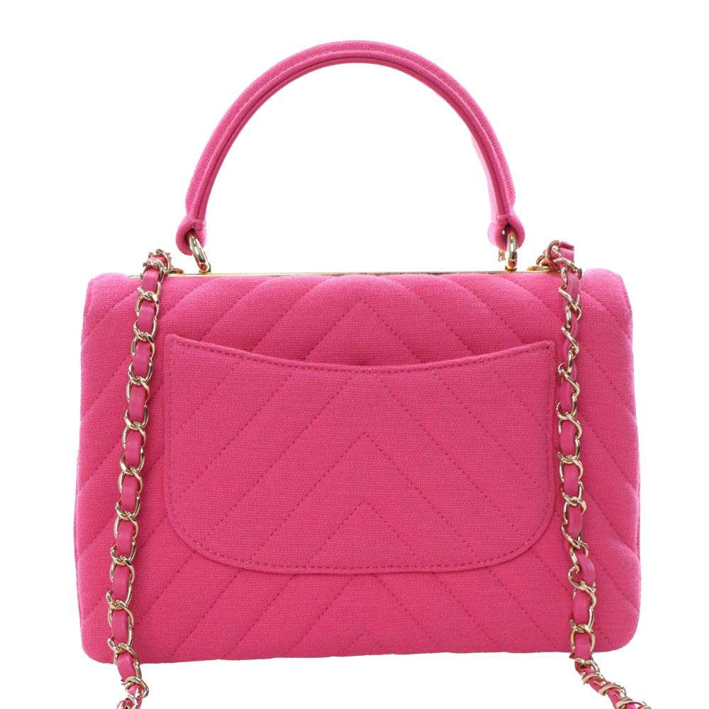 Chanel A Chanel Pink Hot Pink Cotton Fabric Small Chevron Jersey Trendy CC Top Handle Flap France