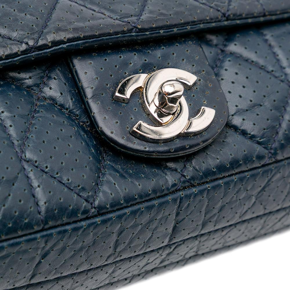 Chanel B Chanel Blue Navy Calf Leather CC Quilted Perforated Aged skin Flap France