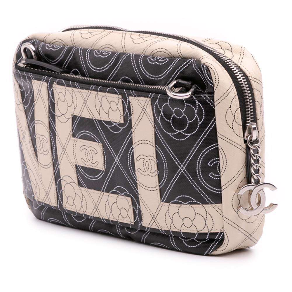 Chanel AB Chanel Black Ivory with White Ivory Coated Canvas Fabric Camellia Logo Camera Bag Italy